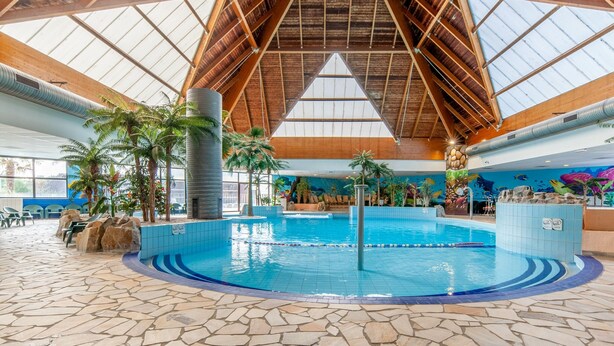 Uma piscina interior com chão de ladrilho de pedra, rodeada por espreguiçadeiras e palmeiras.