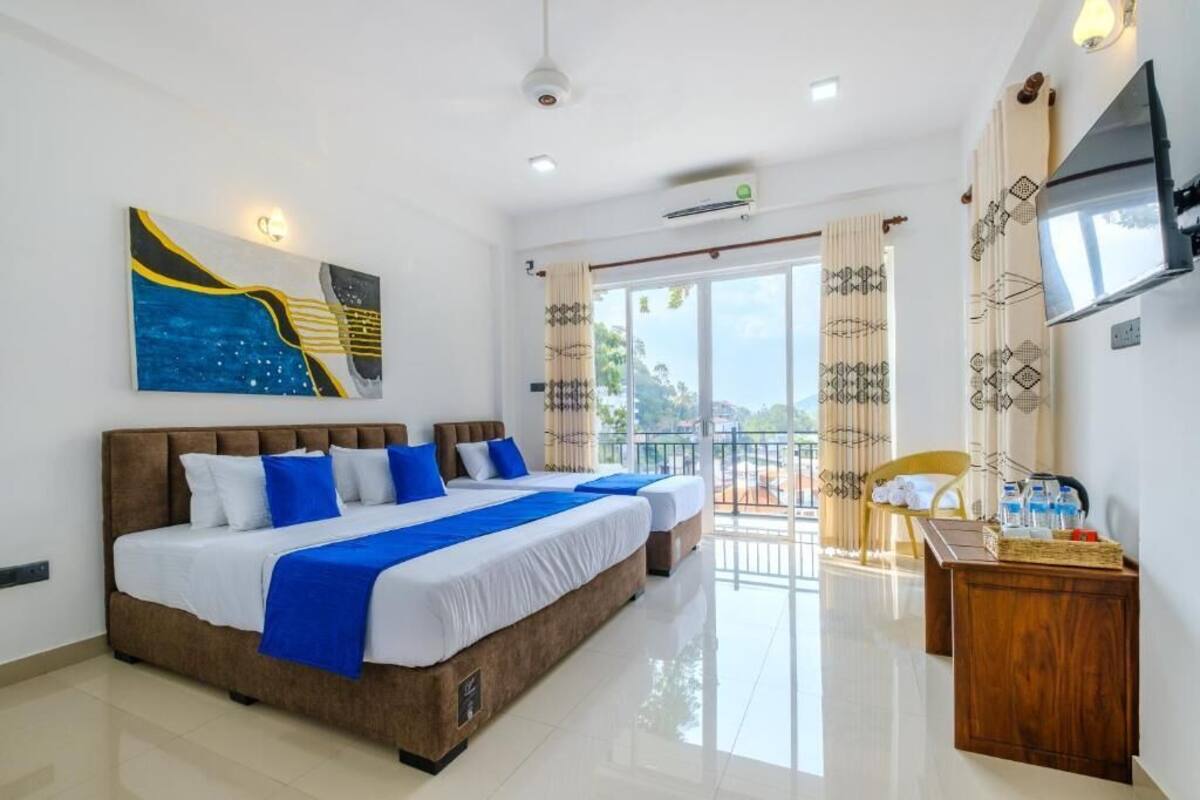 Habitación de hotel con una cama grande, televisión, balcón con vistas y ventilador de techo.