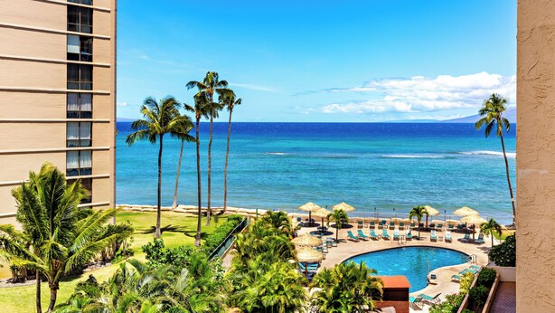 Un hotel con piscina, palmeras y vista al océano.