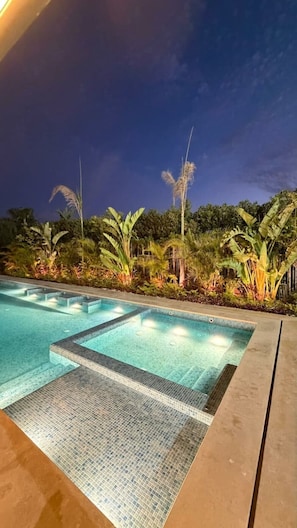 A swimming pool with a tiled edge, surrounded by tropical plants and trees.