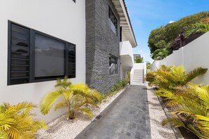 A modern building with a narrow pathway flanked by plants and a white wall.