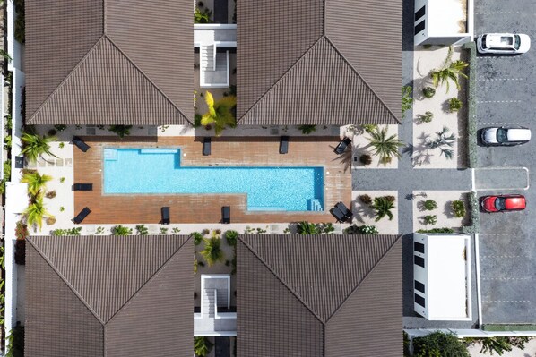 A rooftop pool with a wooden deck, surrounded by lounge chairs and palm trees.