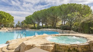 A swimming pool with a hot tub, surrounded by trees and a stone deck. - Holiday Stay With Sleeping Alcove (Mallemort)