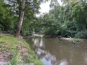 A river with a wooden bridge and a bench, surrounded by dense trees.