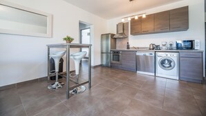 A modern kitchen with a built-in oven, microwave, and washing machine. - Corsican Flat With Pergola (Lecci)