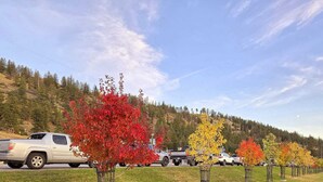 A parking lot with vehicles and trees with autumn foliage. - Home away from Home in the Heart of Nature (East Kootenay G)