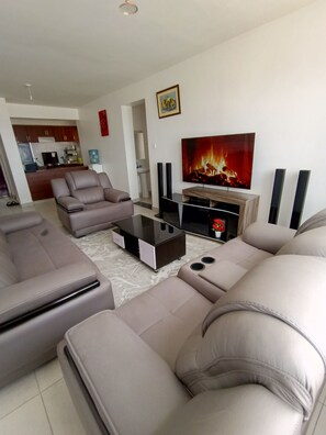 A modern living room with a sofa set, a coffee table, a flat-screen TV, and a fireplace. - Fantastic 2-bedroom apartment in tranquil Pridelands with AC (Pridelands)