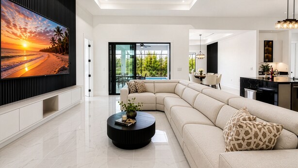 Una sala de estar moderna con un televisor de pantalla plana grande, un sofá modular, una mesa de centro y un comedor con vistas al exterior.