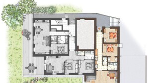 Ein Grundriss eines modernen Hauses mit mehreren Schlafzimmern, einer Küche, einem Essbereich und einem Wohnzimmer.