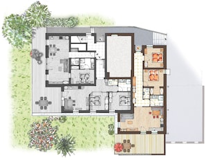 Ein Grundriss eines modernen Hauses mit mehreren Schlafzimmern, einer Küche, einem Essbereich und einem Wohnzimmer.