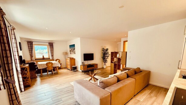 Ein modernes Wohnzimmer mit Sofa, Fernseher, Essbereich und einer Pflanze.