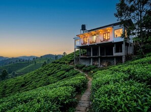 Una casa moderna con balcón que da a extensas plantaciones de té.