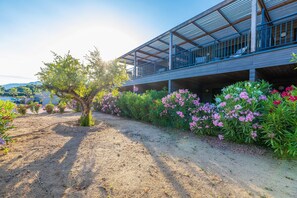 A building with a covered outdoor area, a dirt path, and flowering plants. - Southern Corsica Retreat With Pool (Lecci)