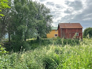 A rustic barn and a yellow house amidst lush greenery.
