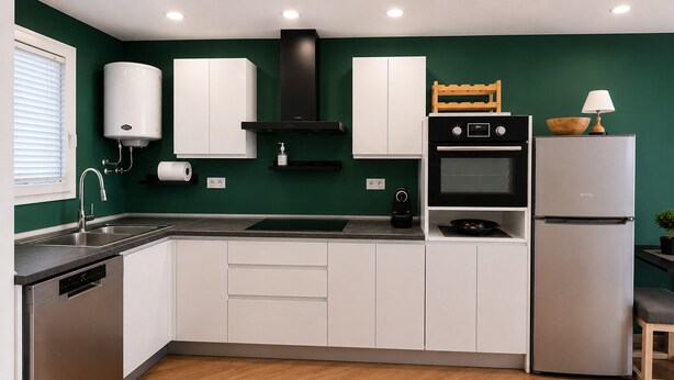 A modern kitchen with white cabinets, a stainless steel dishwasher, a built-in oven, and a refrigerator. - Apartment by Playa Serena & Golf Views (Roquetas de Mar)