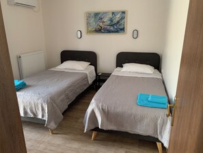 Una habitación con dos camas, un radiador, un cuadro en la pared y una puerta.