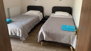Una habitación con dos camas, un radiador, un cuadro en la pared y una puerta.