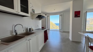 Une cuisine moderne dotée d’un grand évier, d’une cuisinière et offrant une vue sur la mer grâce à une porte ouverte.