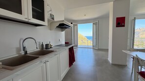 A modern kitchen with a large sink, a stove, and a view of the sea through an open door. - Villa Perla Blu Mondello, breathtaking sea views and relaxation (Palermo)