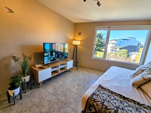 Quarto com cama, televisão em m óvel, janela com vista para prédios e duas plantas em vasos.