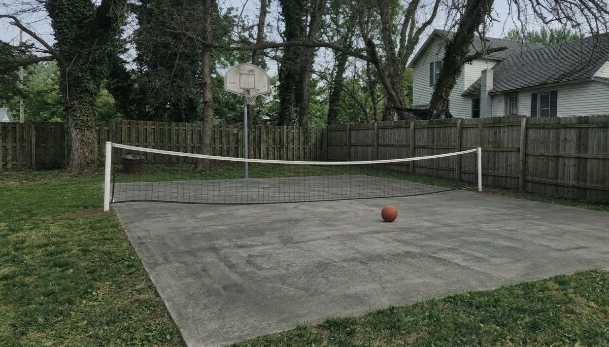 An outdoor basketball court with a net, a basketball, and a wooden fence in the background.