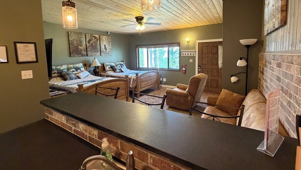 Une pièce avec un plafond en bois, un coin bar, un lit avec une tête de lit, une chaise et une fenêtre.
