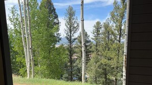 Une vue depuis un porche abrité, doté d’un sol carrelé, donnant sur une zone herbeuse avec des arbres et un ciel dégagé.