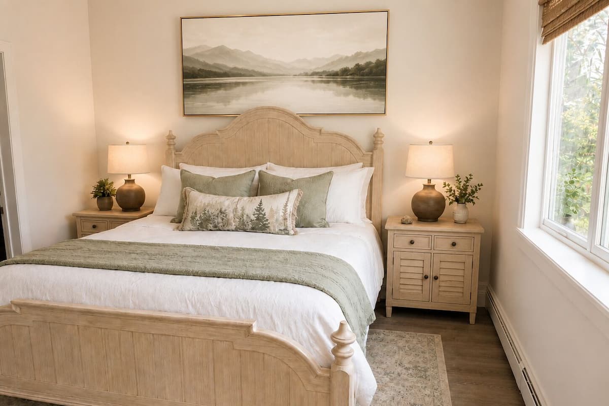 A bedroom with a wooden bed, two bedside tables with lamps, a large landscape painting above the bed, and a window with a view.