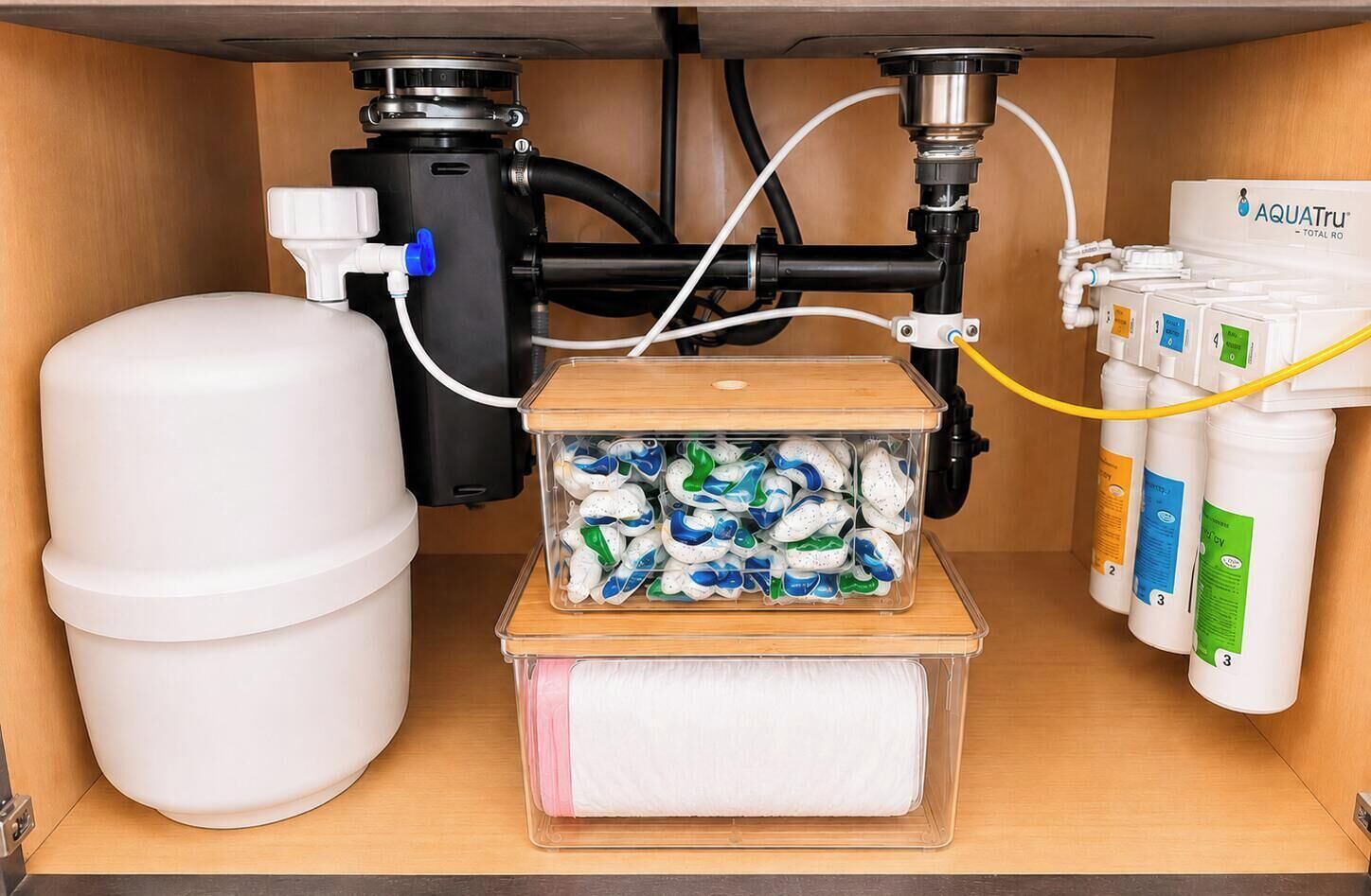 A water filtration system under a sink with a storage container for filters and water bottles.