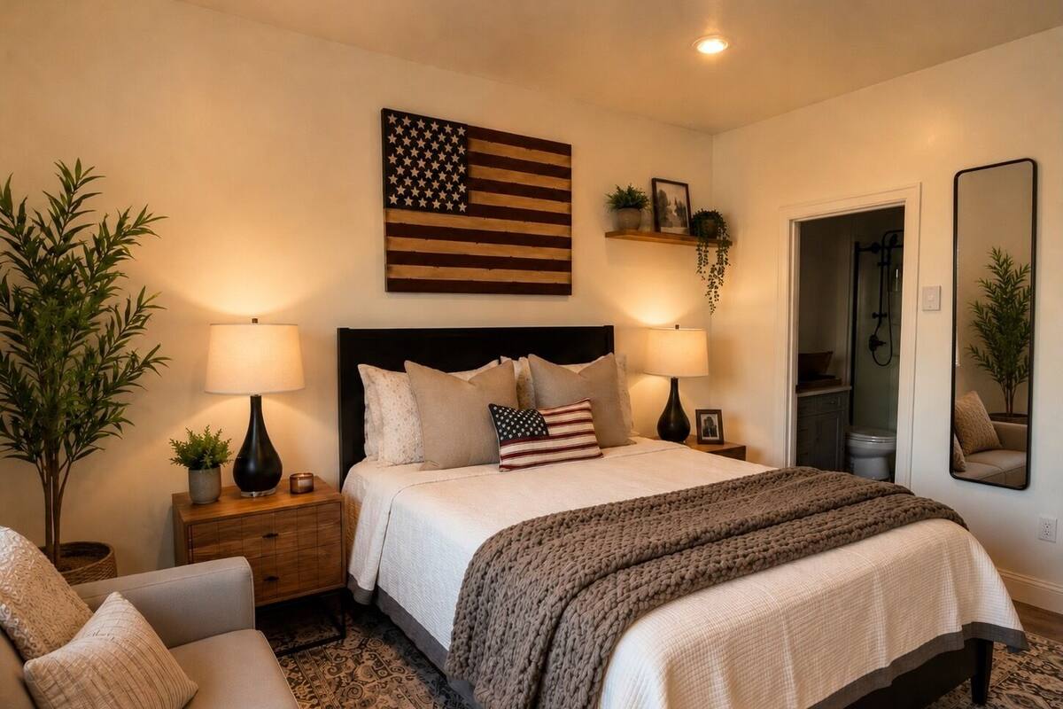 A bedroom with a bed, two bedside tables with lamps, a large American flag, a mirror, and a bathroom door.
