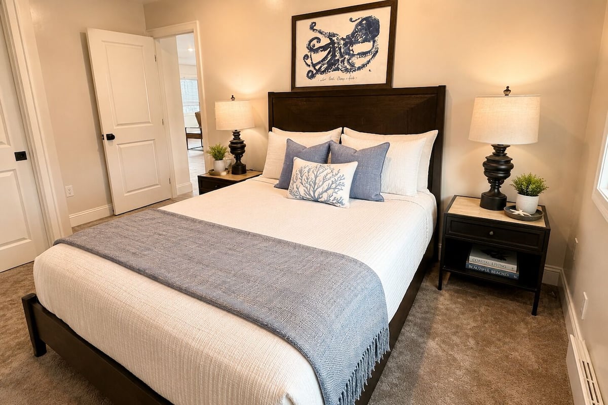 A bedroom with a large bed, two bedside tables, a headboard, a framed artwork, and a door.