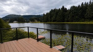 A wooden deck with a black railing overlooking a calm lake surrounded by dense forest and hills. - Kodiak Suites (Kodiak)