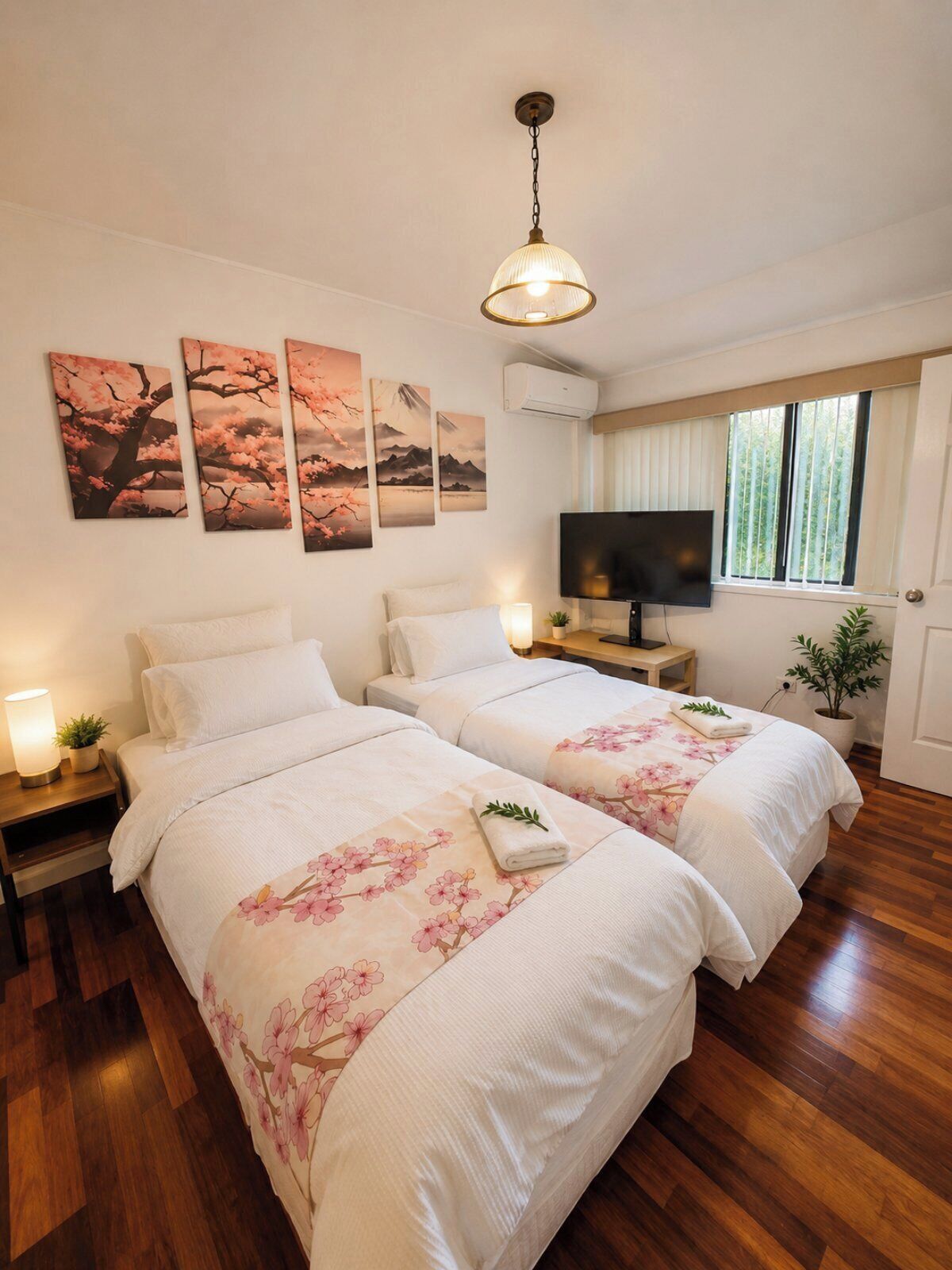 A hotel room with two beds, a TV, a window with blinds, and wall art.