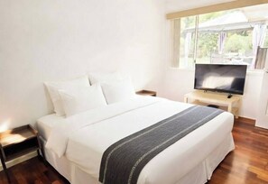 Una camera da letto con un letto, una televisione, una finestra e un comodino.