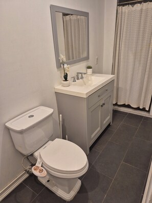Ein Badezimmer mit Toilette, Waschbecken, Spiegel und Duschvorhang.