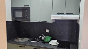 Una cocina compacta equipada con microondas, estufa, fregadero y lavavajillas.