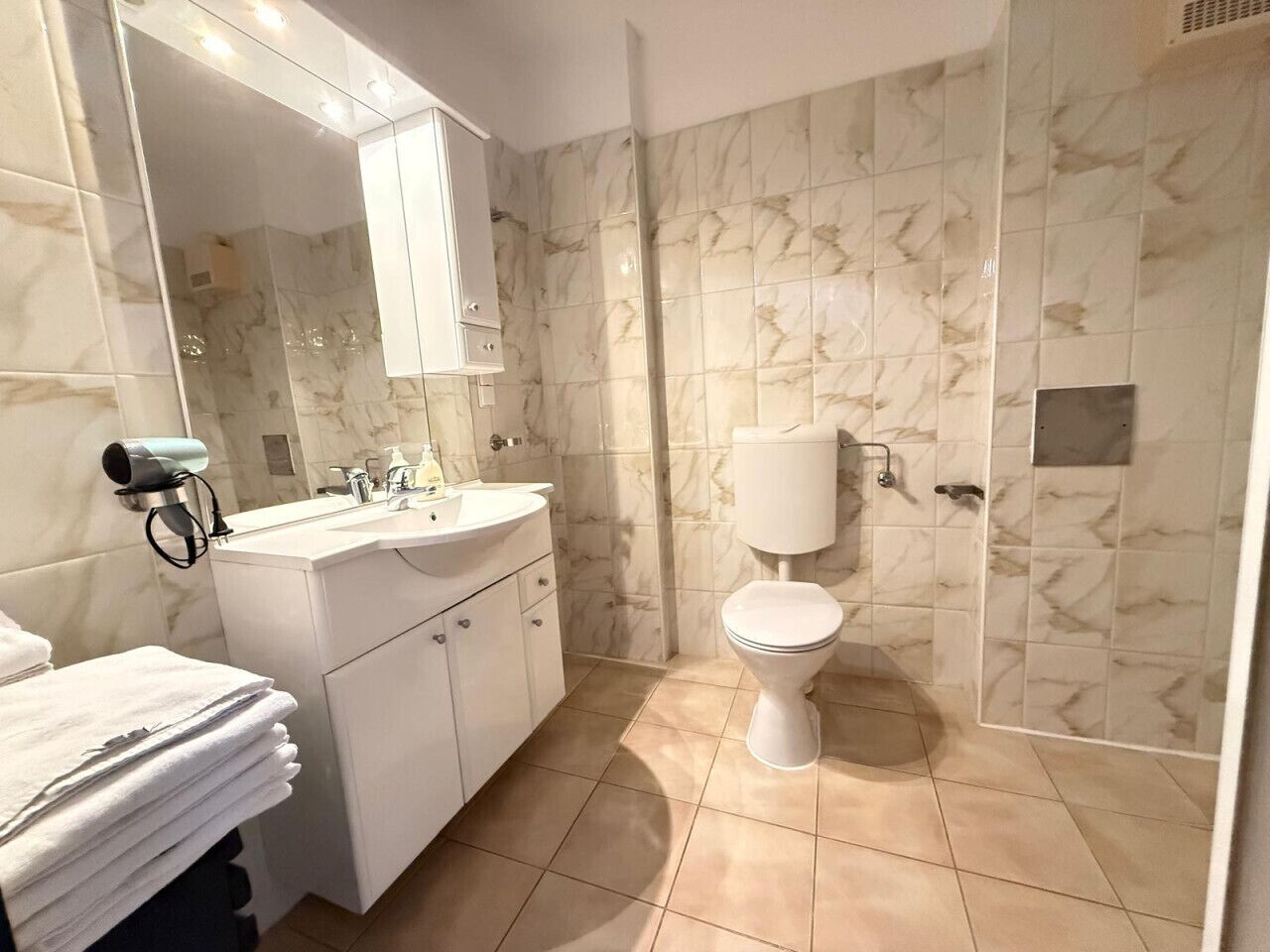 A bathroom with a sink, mirror, toilet, and shower.
