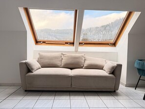 Una habitación con sofá, tragaluz y vista a un paisaje nevado.