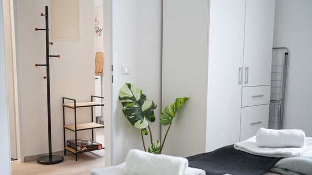 Quarto de hotel com cama, guarda-roupa, cabideiro, planta e estante com livros.