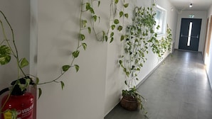 A hallway with potted plants on the walls, a fire extinguisher, and a door at the end. - FarawayHomes Aparthotel Kremsmünster #23 (Kremsmünster)