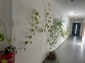 A hallway with plants, a fire extinguisher, and a door at the end. - FarawayHomes Aparthotel Kremsmünster #23 (Kremsmünster)