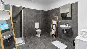 A modern bathroom with a shower, toilet, sink, and a mirror. - FarawayHomes Studio Mürzzuschlag #4 (Mürzzuschlag)