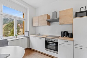 A modern kitchen with a window, a stove, oven, and a coffee maker. - FarawayHomes Studio Leoben #K7 (Donawitz)