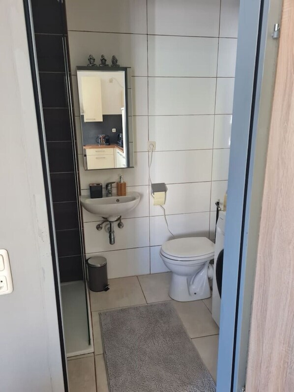 A bathroom with a sink, mirror, toilet, and a small trash bin.