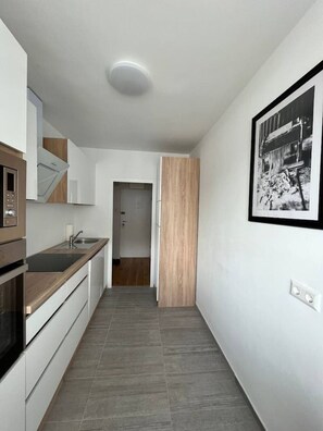 A modern kitchen with a built-in oven, a microwave, and a sink. - FarawayHomes Studio Vienna #H1 (Vienna)
