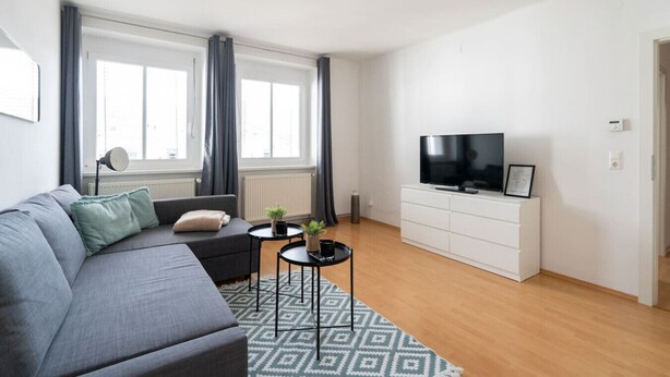 A modern living room with a sofa, a coffee table, a TV on a white cabinet, and a patterned rug.