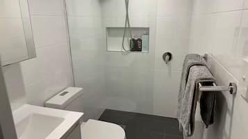 Shower, hair dryer, towels, soap
