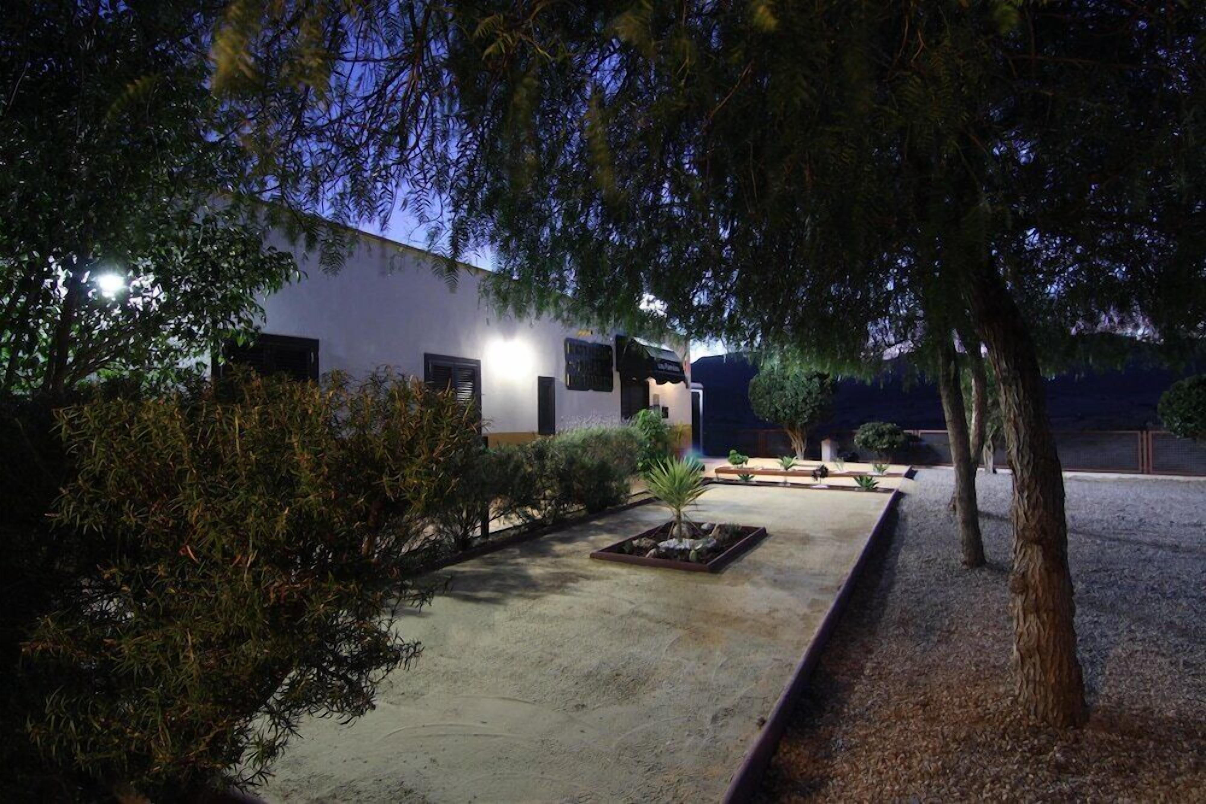 Un patio con un edificio, árboles y un pequeño jardín.