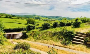 Ländliche Landschaft mit sanften Hügeln, einem Holzzaun und einem Feldweg.