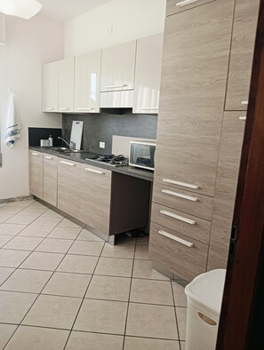 A modern kitchen with a stove, sink, and cabinets. - Aaron Guest House perfect for experiencing the city with comfort, style and convenience. (Venezia)